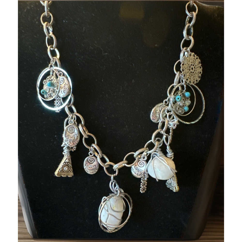Vtg Artisan Boho Stone Charm Statement Necklace Zen Live Laugh Love Silver 18”